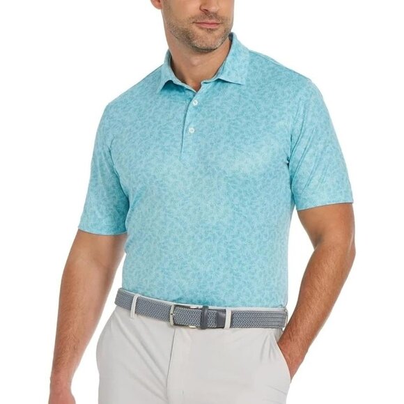 NWOT Greg Norman Men's XL Polo Golf  Shirt  Polyester Aqua Leaf Print - Picture 1 of 7